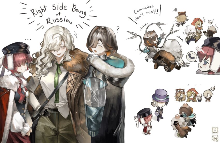 2boys, 6+girls, :d, ?, artist_logo, avgust_(reverse:1999), black_coat, black_gloves