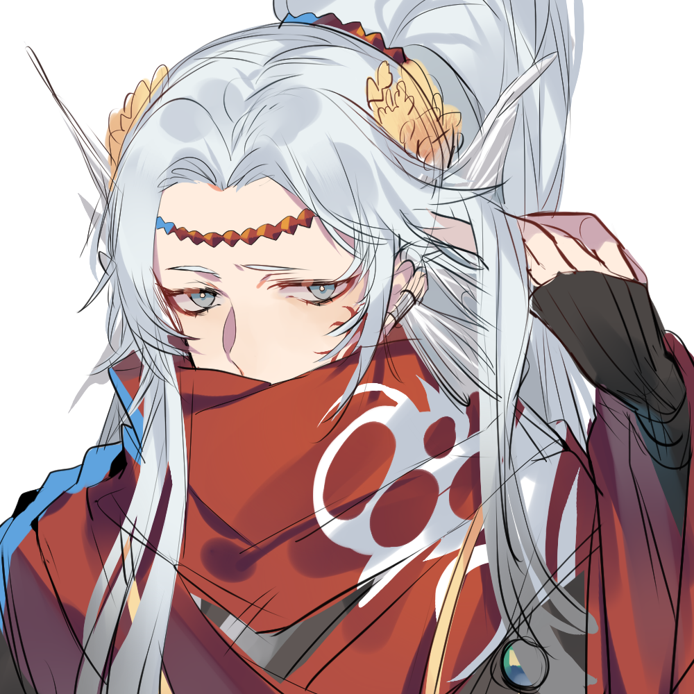 1boy, black_shirt, chili_fishhead_(the_tale_of_food), chinese_clothes, covered_mouth, earclip, facial_mark, fins