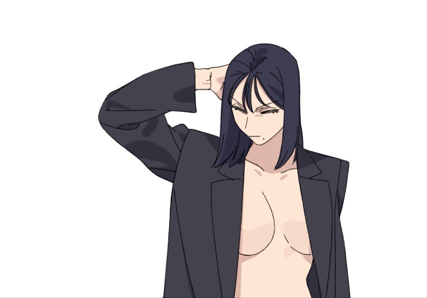 1girl, arm_on_own_head, arm_up, billyonthestraw, black_hair, black_jacket, breasts, cleavage