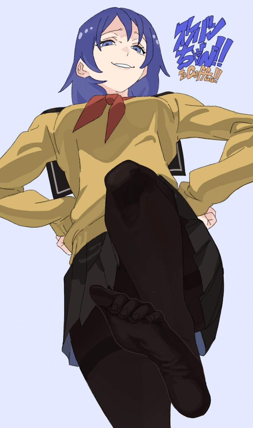 1girl, billyonthestraw, black_pantyhose, black_sailor_collar, black_skirt, blue_background, blue_eyes, blue_hair