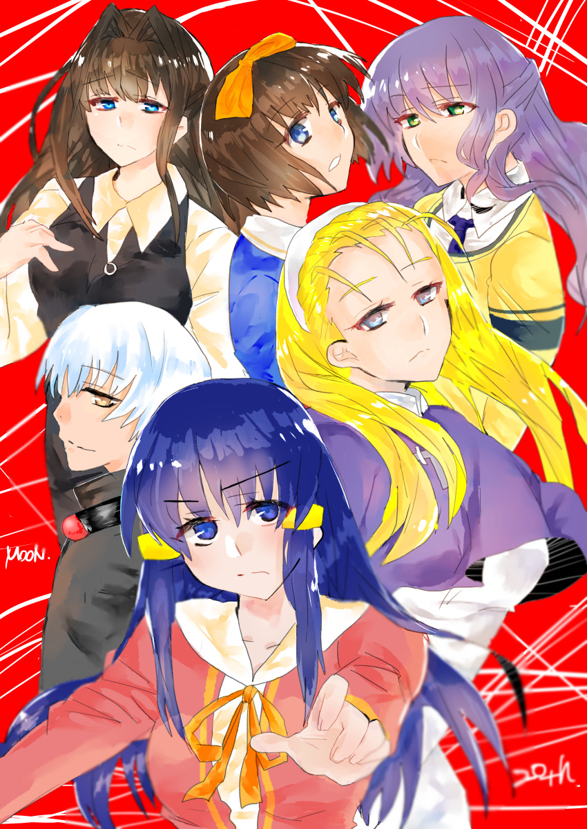 1boy, 5girls, absurdres, amasawa_ikumi, black_sweater, blonde_hair, blue_eyes, blue_hair, blue_serafuku, bow, boy_(moon), brown_hair, capelet, dress, hair_bow, hair_intakes, hair_ornament, hairband, hairclip, highres, kanuma_youko, mima_haruka, moke_(momke), moon_(game), multiple_girls, nakura_yui, nakura_yuri, purple_capelet, purple_hair, ribbon, school_uniform, serafuku, short_hair, siblings, sisters, sweater, swept_bangs, turtleneck, turtleneck_sweater, white_dress, white_hair, white_hairband, yellow_bow, yellow_eyes