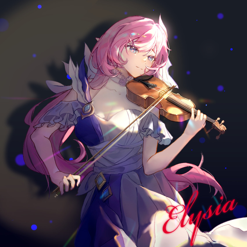 1girl, black_background, blue_eyes, breasts, character_name, cleavage, closed_mouth, collarbone