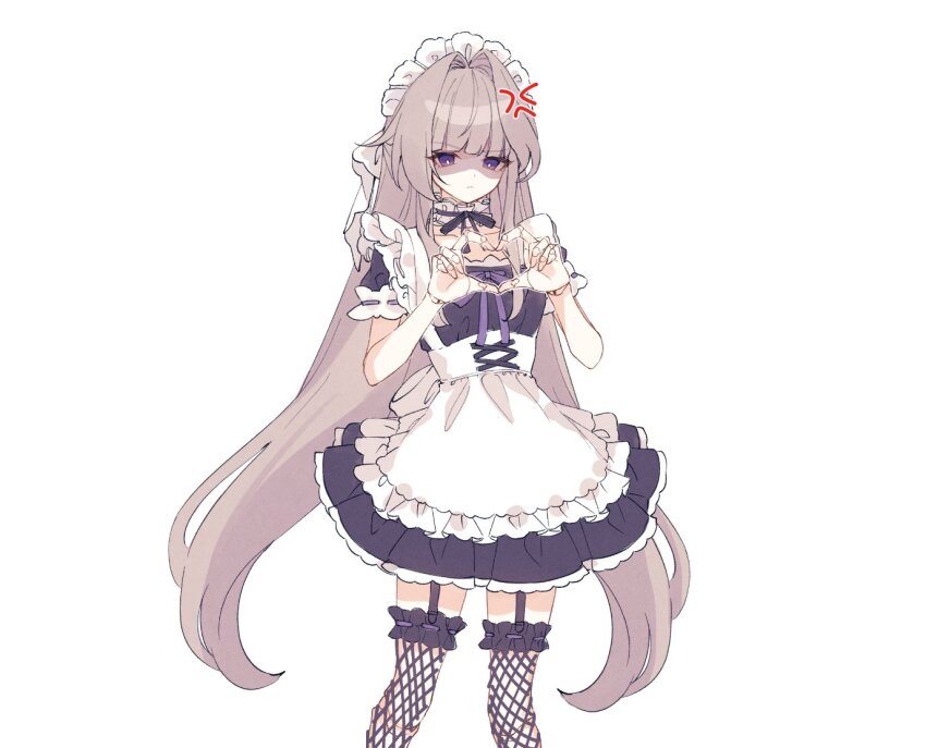 1girl, alternate_costume, anger_vein, apron, black_dress, breasts, cowboy_shot, dress