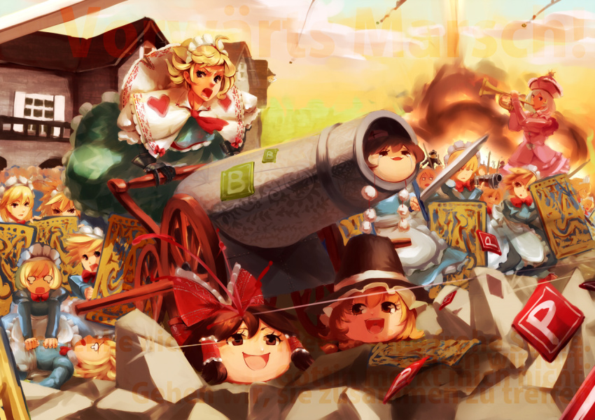 6+girls, alice_margatroid, bad_id, bad_pixiv_id, battle, blonde_hair, blood, cannon