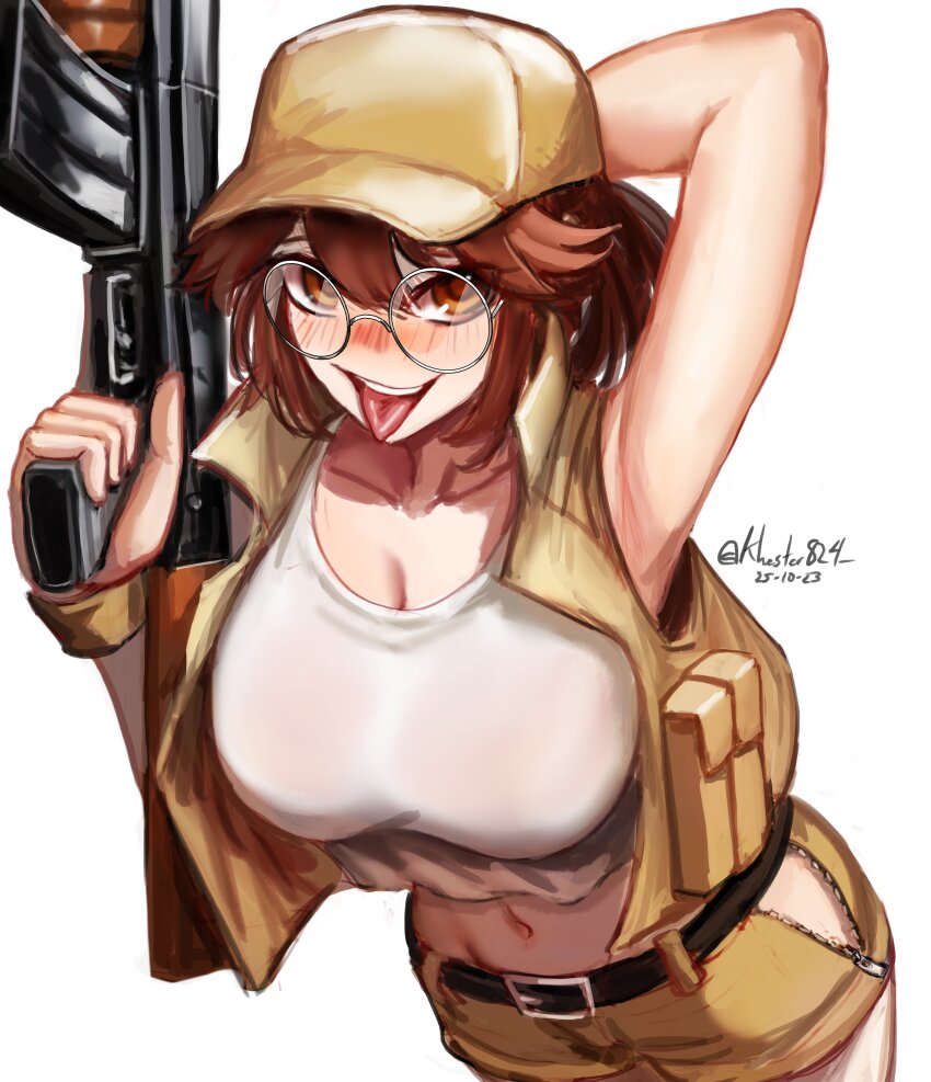 1girl, absurdres, arm_behind_head, arm_up, armpits, belt, black_belt, blush