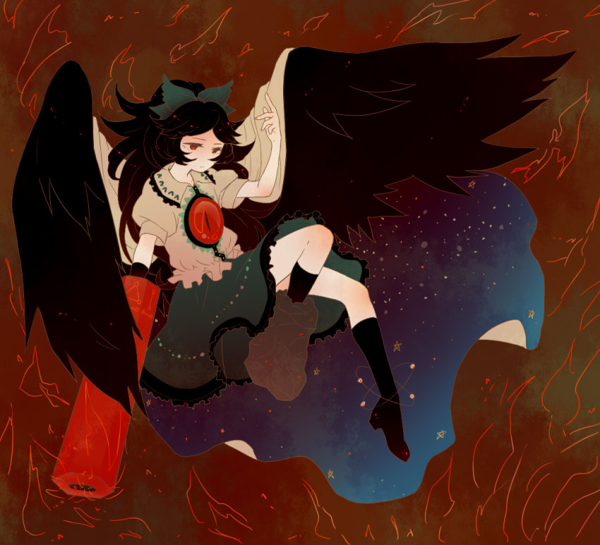 1girl, arm_cannon, asymmetrical_clothes, asymmetrical_footwear, bad_id, bad_pixiv_id, black_hair, bow