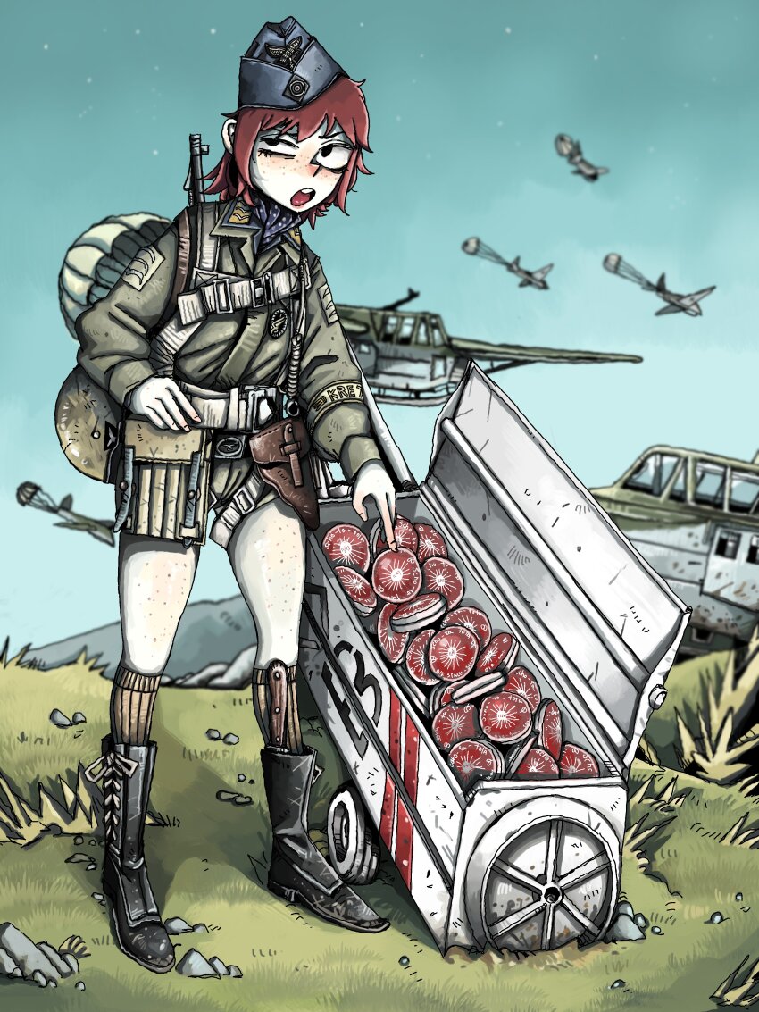 1girl, absurdres, aircraft, blurry, blurry_background, boots, fallschirmjaeger, freckles