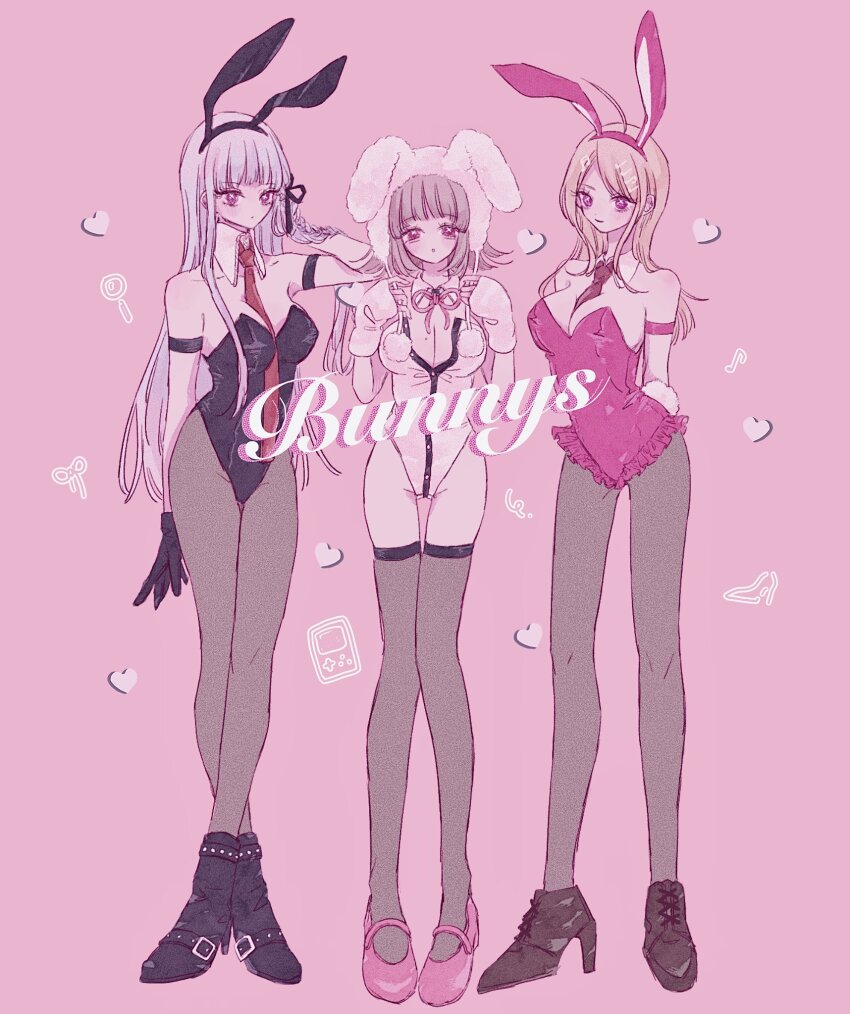 3girls, akamatsu_kaede, animal_ears, bare_shoulders, black_leotard, black_ribbon, breasts, c_(srhtguy)