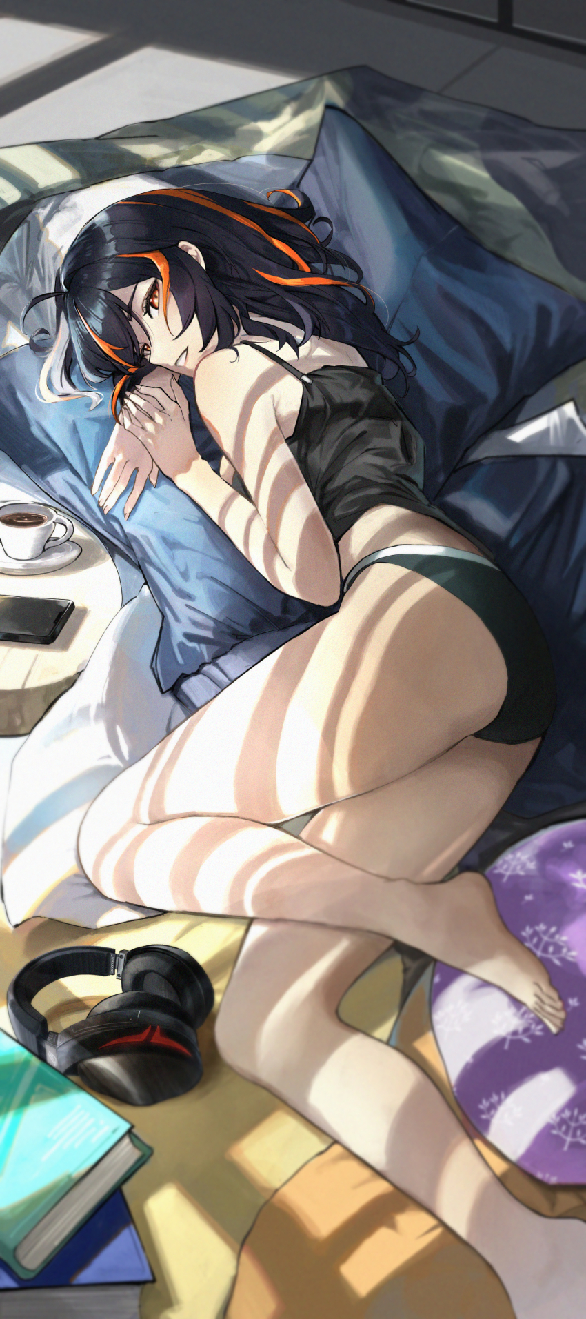 1girl, absurdres, ass, bare_arms, bare_legs, barefoot, black_hair, book