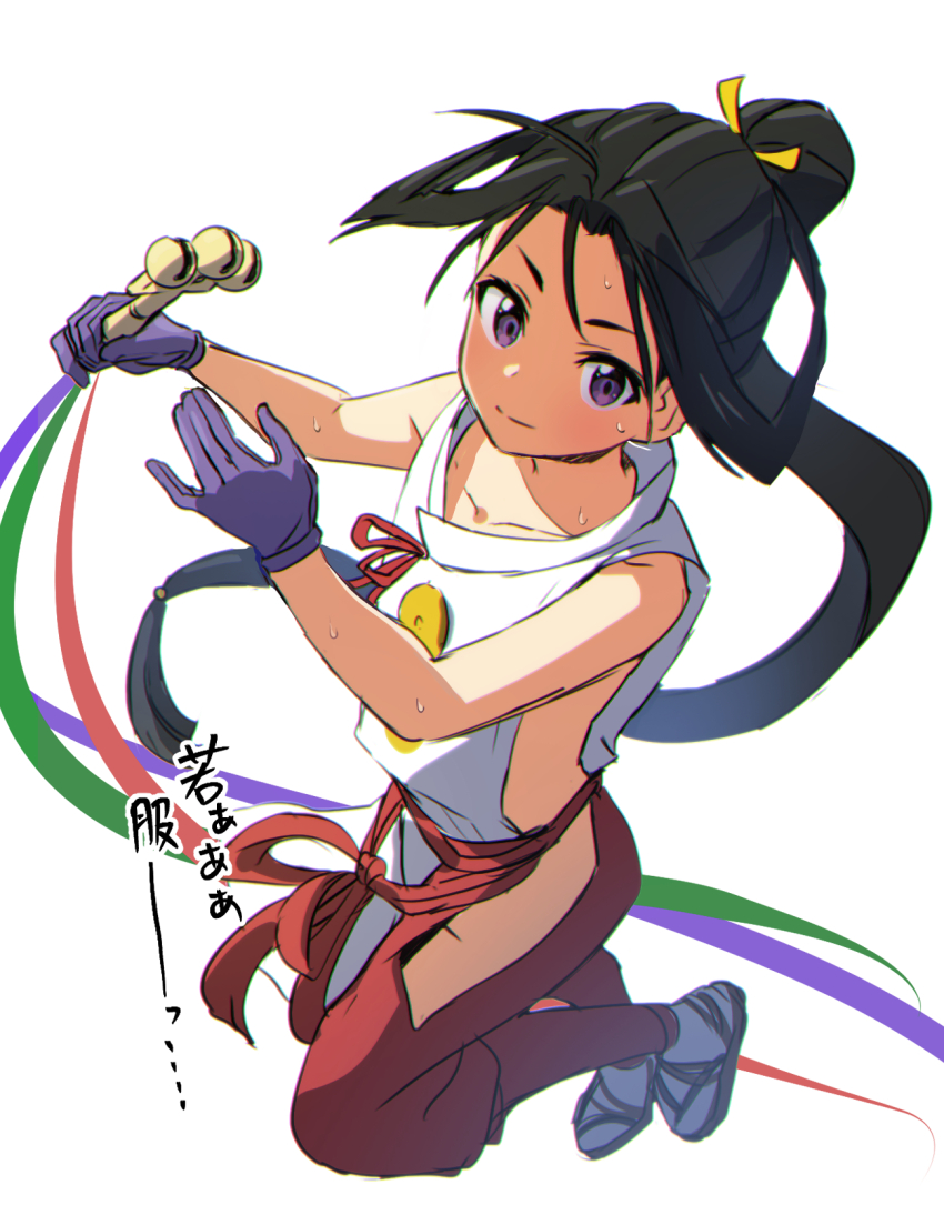 >:), 1boy, adapted_costume, bare_hips, bell, black_hair, blue_gloves, bow, clothing_cutout, collarbone, dancing, floating_hair, foreshortening, full_body, gloves, green_ribbon, groin, hakama, hakama_pants, highres, hip_vent, holding, houjou_tokiyuki_(nige_jouzu_no_wakagimi), japanese_clothes, jingle_bell, kagura_suzu, kariginu, long_hair, looking_at_viewer, low-tied_long_hair, male_focus, nige_jouzu_no_wakagimi, pants, ponytail, purple_eyes, purple_ribbon, red_hakama, red_ribbon, red_sash, ribbon, sandals, sash, shigeru_(tezx2228), shota, side_cutout, sidelocks_tied_back, simple_background, sleeveless, smile, solo, sweat, tabi, thigh_cutout, trap, v-shaped_eyebrows, very_long_hair, white_background, zouri