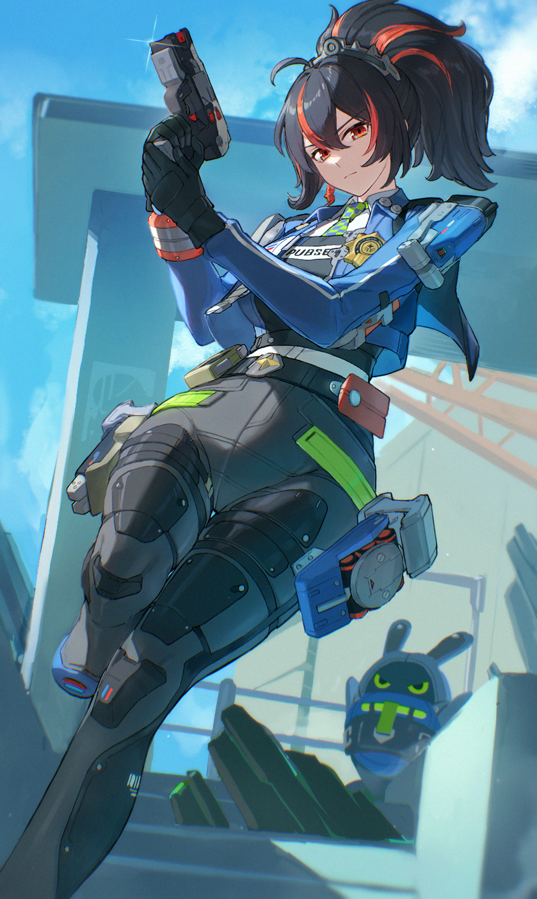 1girl, black_gloves, black_hair, black_pants, blue_jacket, blue_sky, closed_mouth, cloud