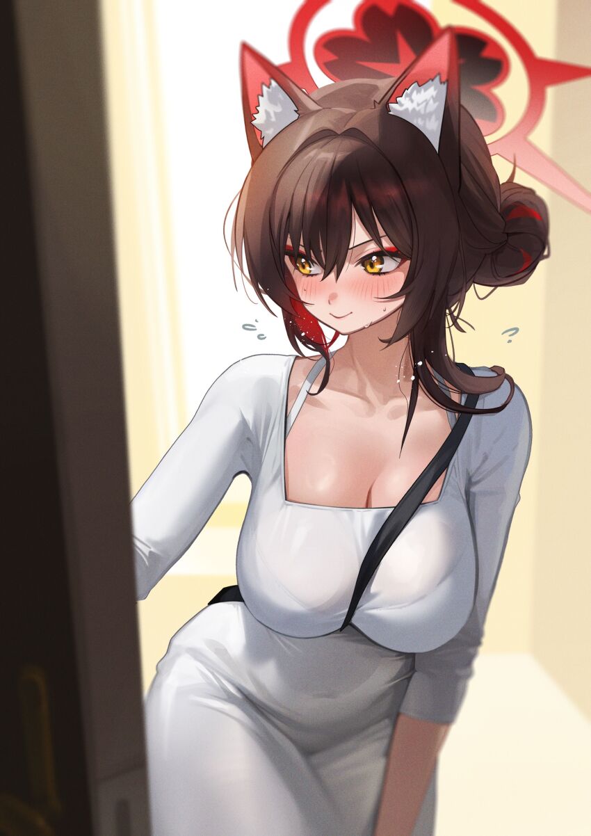 1girl, absurdres, alternate_costume, animal_ears, averting_eyes, between_breasts, blue_archive, blush