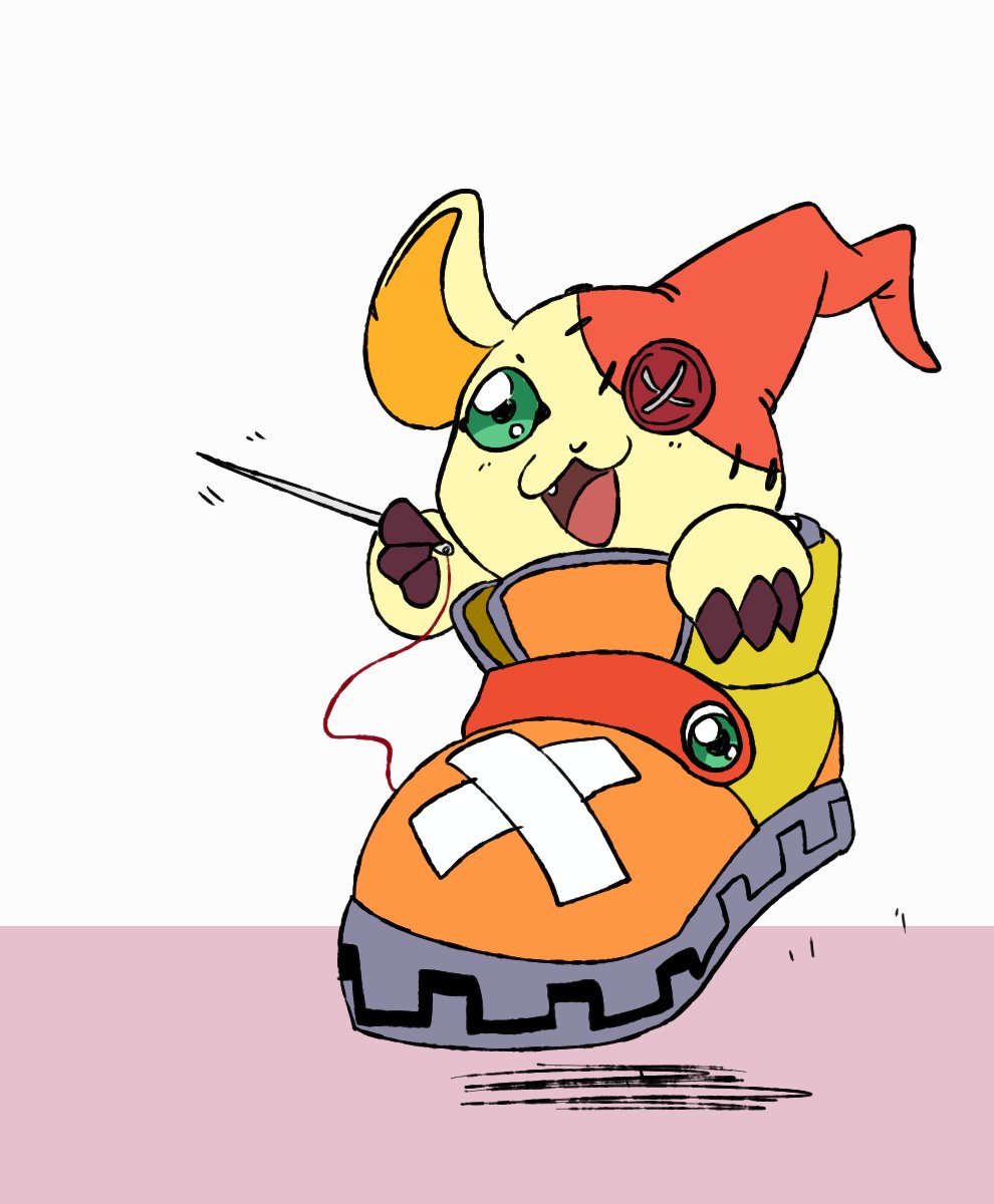 dang, digimon, digimon_(creature), green_eyes, highres, jumping, open_mouth, shoemon