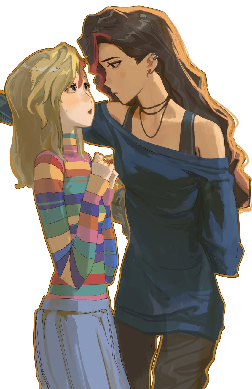 absurdres, bare_shoulders, blonde_hair, blue_eyes, brown_eyes, brown_hair, denim, denim_skirt, earrings, hair_dye, hand_on_wall, heart, heart_earrings, highres, inside_out, inside_out_2, jewelry, long_hair, looking_at_another, necklace, open_mouth, pants, qianyu_rainz, rainbow_shirt, riley_andersen, simple_background, skirt, strap, sweater, sweatpants, valentina_ortiz, yuri