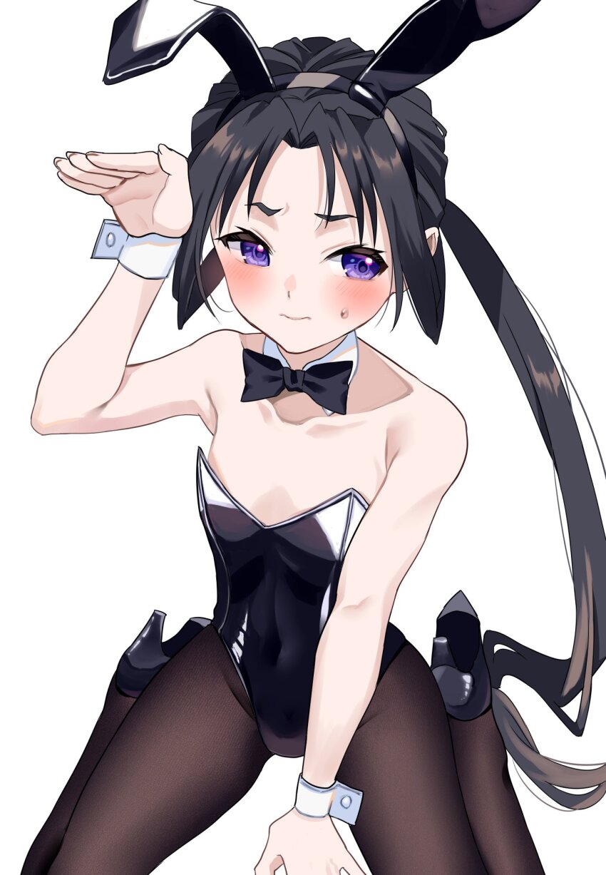1boy, animal_ears, averting_eyes, bare_shoulders, black_bow, black_bowtie, black_footwear, black_hair