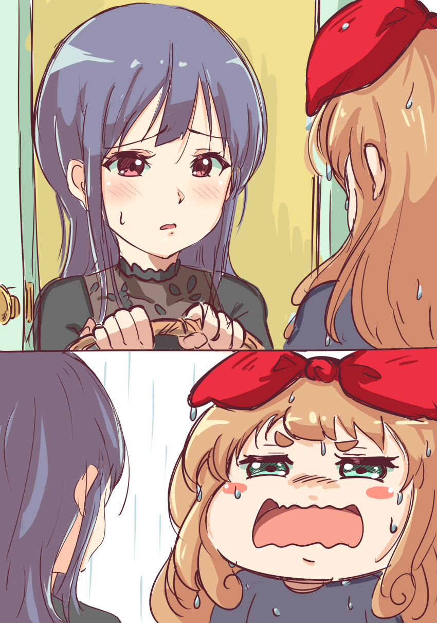 2girls, absurdres, basket, black_dress, black_hair, brown_hair, commentary, cosplay