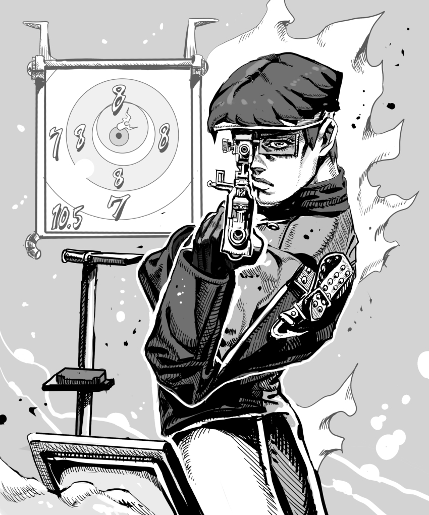 1boy, 2024_summer_olympics, aiming, aiming_at_viewer, choe_daehan, cowboy_shot, glasses, greyscale