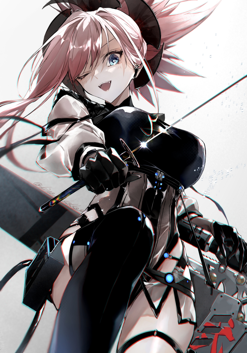 1girl, absurdres, belt, black_leotard, blue_eyes, breasts, cleavage, fate/grand_order