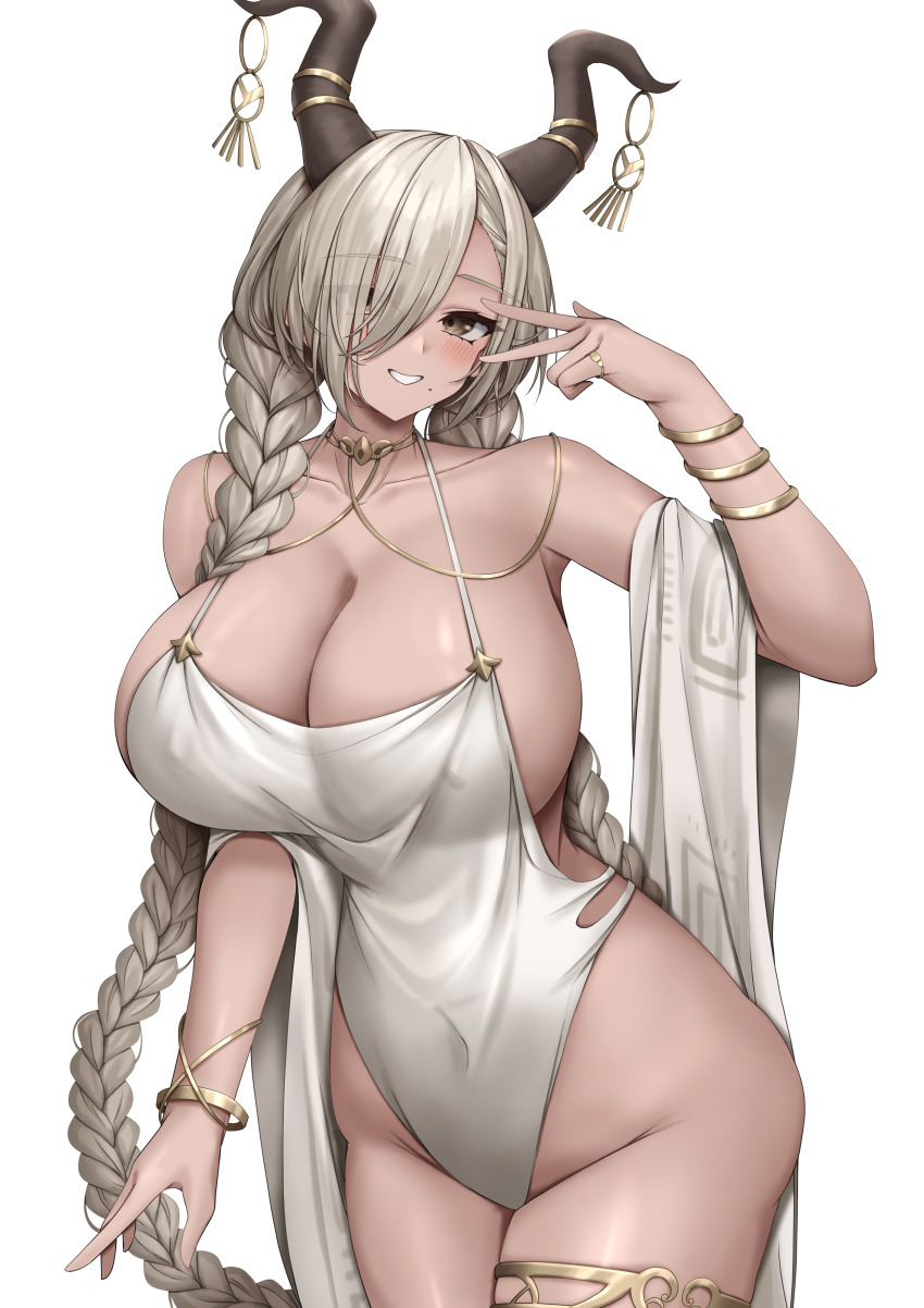 1girl, absurdres, azur_lane, black_horns, blonde_hair, blush, bracelet, breasts