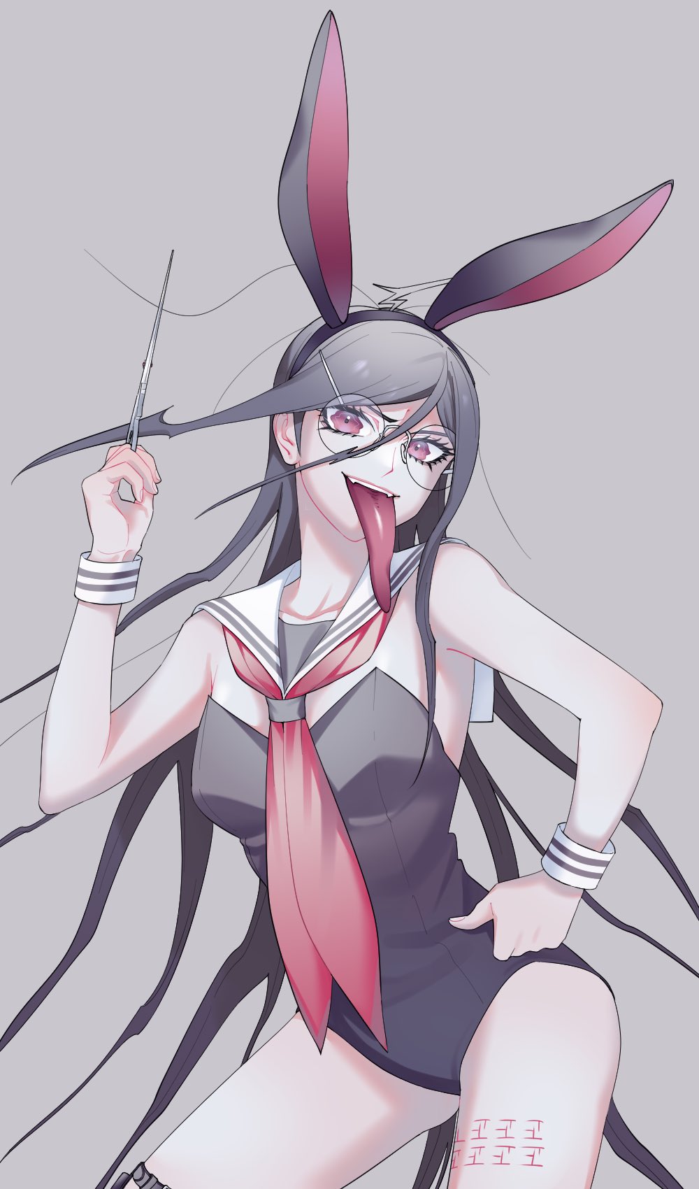 1girl, animal_ears, bare_shoulders, black_leotard, brown_hair, contrapposto, cowboy_shot, danganronpa:_trigger_happy_havoc