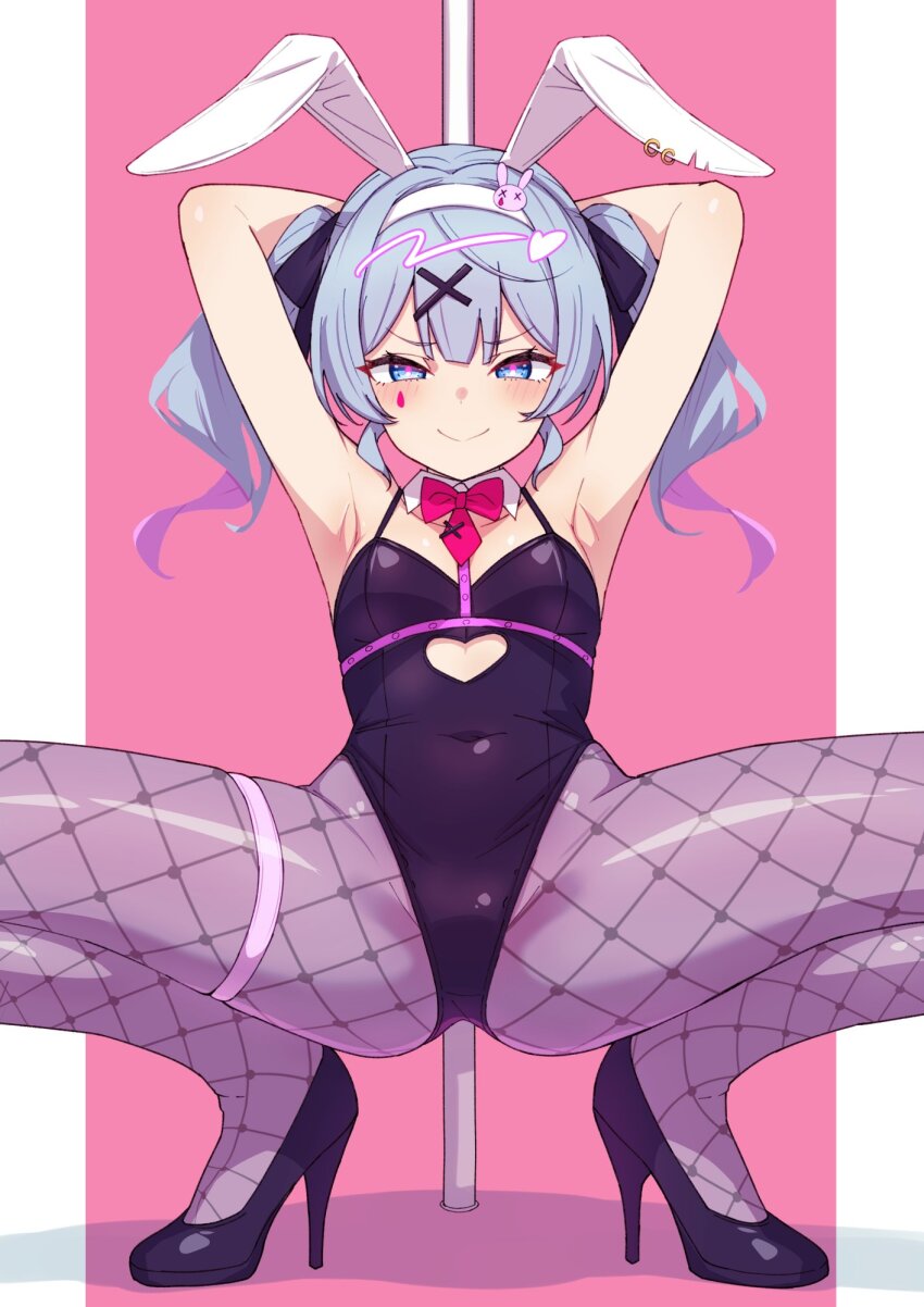 1girl, animal_ears, armpits, arms_behind_head, arms_up, bare_shoulders, black_footwear, black_leotard, blue_eyes, blue_hair, blush, bow, bowtie, breasts, bunny_day, closed_mouth, clothing_cutout, cutout_above_navel, detached_collar, facial_mark, fake_animal_ears, fishnet_pantyhose, fishnets, hair_ornament, hairband, hatsune_miku, heart, heart_cutout, high_heels, highres, kamidan, leotard, long_hair, looking_at_viewer, object_in_bra, pantyhose, playboy_bunny, pole, rabbit_ears, rabbit_hole_(vocaloid), smile, solo, spread_legs, stripper_pole, teardrop_facial_mark, thigh_strap, twintails, vocaloid, white_hairband, x_hair_ornament