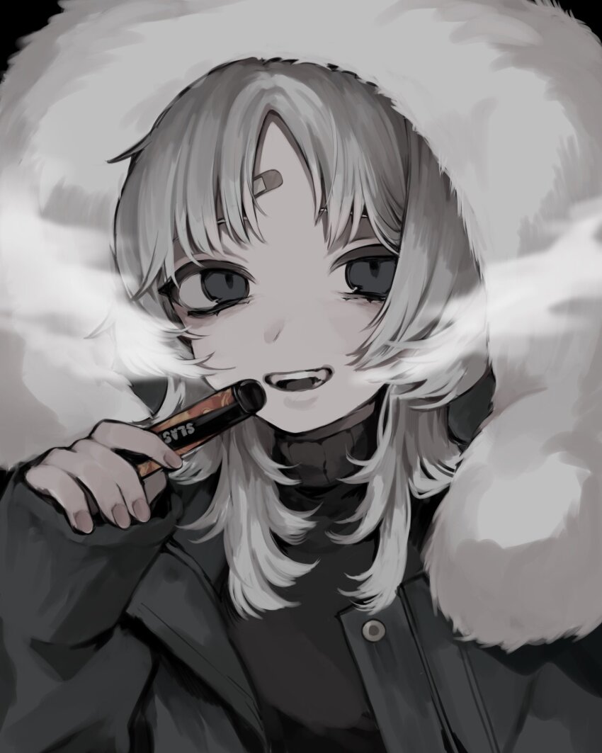 1girl, ad, bandaid, bandaid_on_face, black_eyes, electronic_cigarette, grey_hair, hand_up, highres, holding, hood, hood_up, long_sleeves, looking_at_viewer, manuka_x_x, open_mouth, slash_vape, sleeves_past_wrists, smile, smoke, smoking, solo