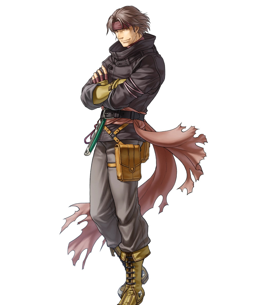 1boy, beard_stubble, belt, black_belt, boots, brown_hair, crossed_arms, facial_hair