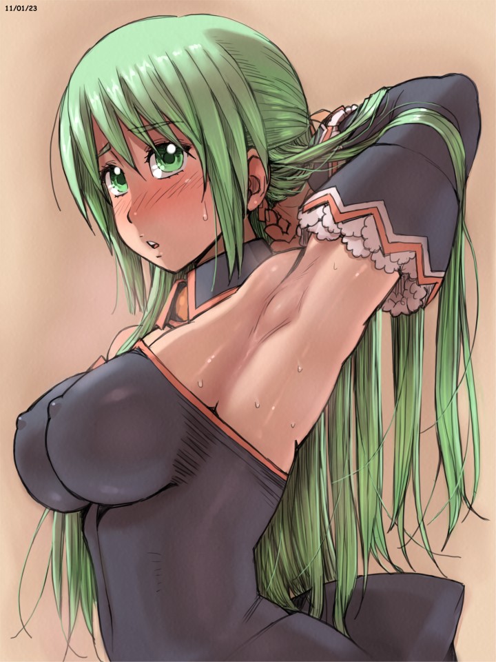 1girl, angel_mort, armpits, arms_behind_head, arms_up, blush, breasts, covered_erect_nipples, detached_collar, detached_sleeves, dress, female_focus, green_eyes, green_hair, higurashi_no_naku_koro_ni, impossible_clothes, impossible_dress, large_breasts, long_hair, matching_hair/eyes, navel, solo, sonozaki_shion, sweat, waitress, zenkou