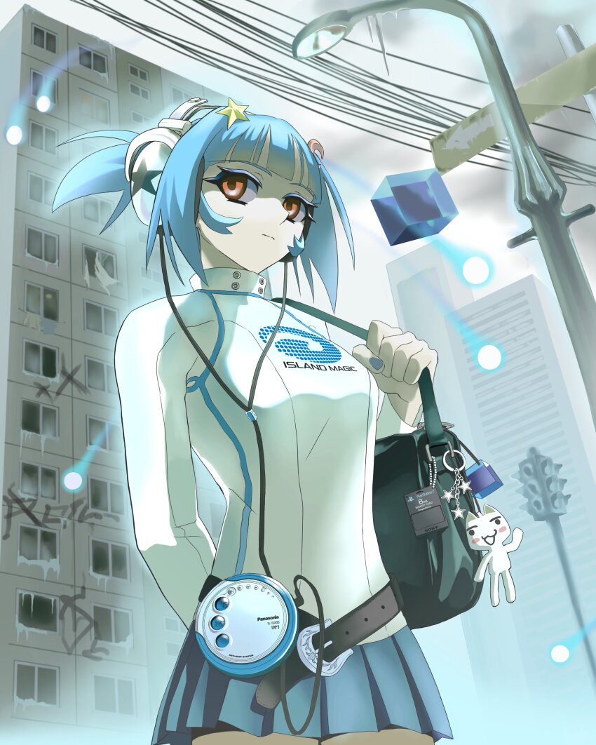 1girl, absurdres, bag, belt, blue_hair, cd_player, cd_walkman, character_charm