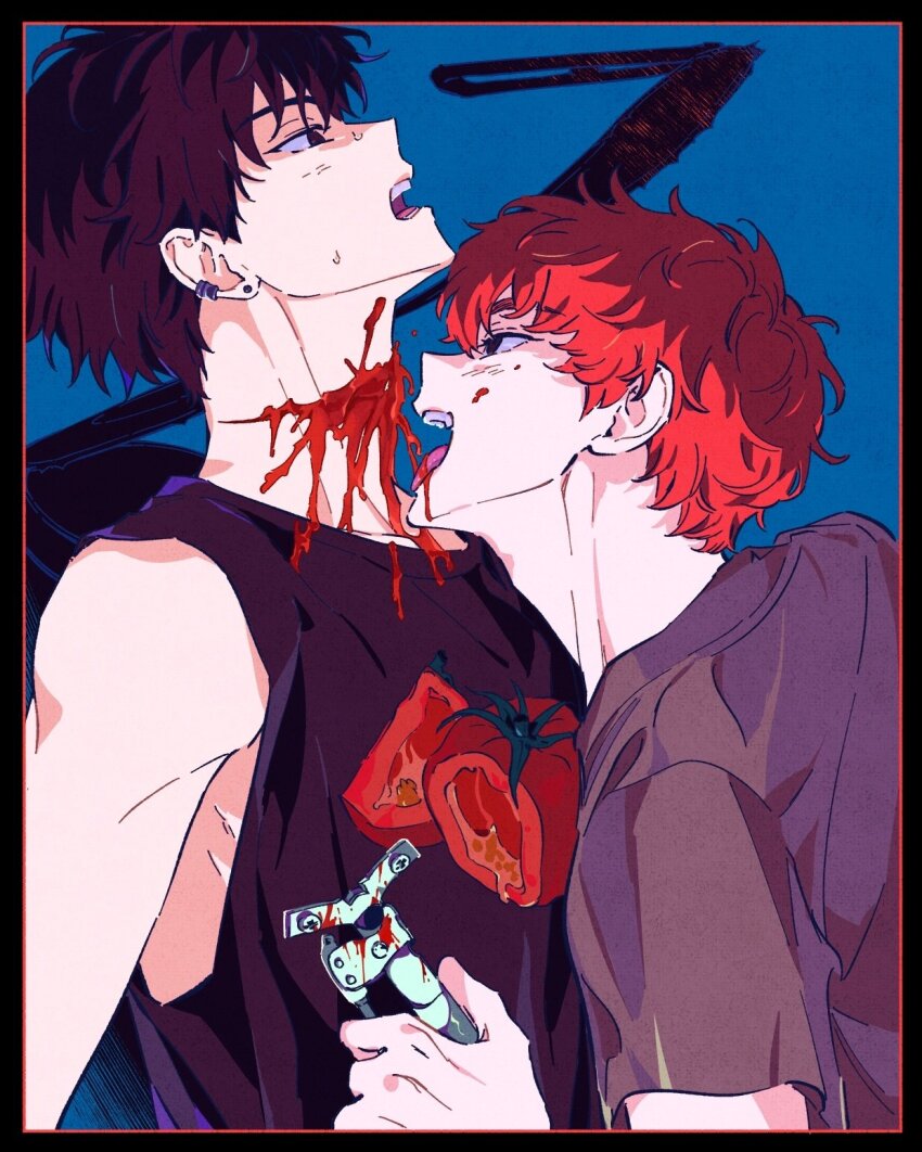 2boys, black_tank_top, blood, blood_on_cheek, blood_on_neck, blue_background, brown_hair, ear_piercing