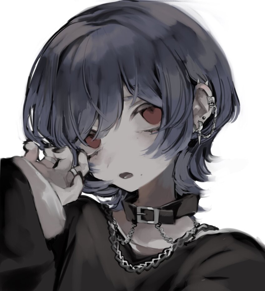 1girl, black_nails, blue_hair, collar, ear_piercing, hand_up, highres, jewelry