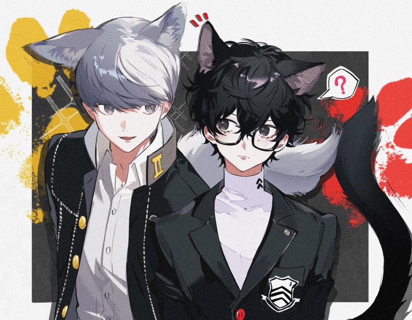 2boys, ?, amamiya_ren, behind_another, bishounen, black_jacket, buttons, cat_boy