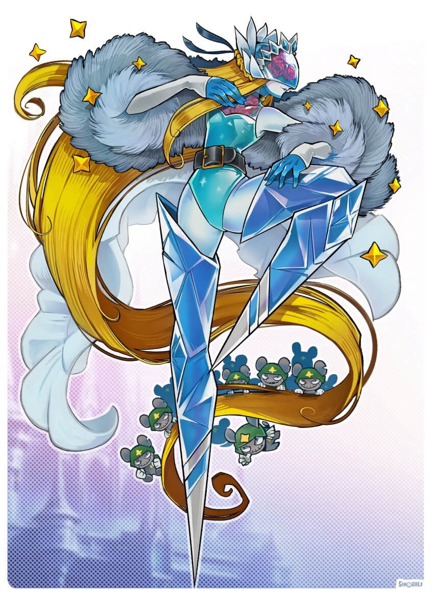 1girl, 6+others, artist_name, bare_shoulders, blonde_hair, blue_leotard, blue_lips, boots, breasts, cendrillmon, cendrillmon's_mouse, coat, colored_skin, covered_eyes, curvy, digimon, digimon_(creature), full_body, fur_coat, helmet, helmet_over_eyes, highleg, highleg_leotard, highres, leotard, long_hair, mouse_(animal), multiple_others, no_feet, sinobali, small_breasts, stuffed_animal, stuffed_mouse, stuffed_toy, thigh_boots, very_long_hair, white_background, white_skin, wide_hips