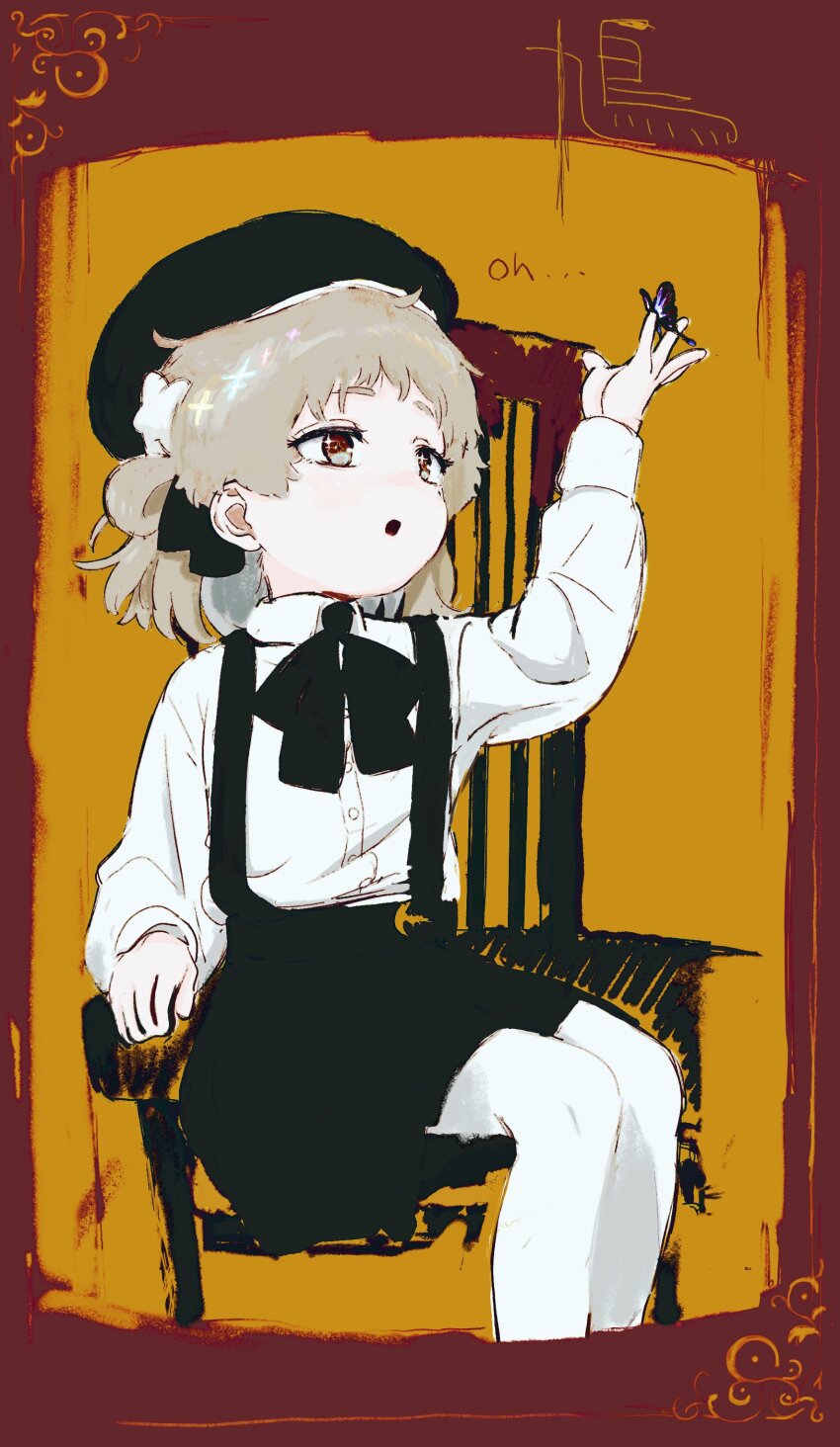 1girl, absurdres, armchair, beret, black_hat, black_ribbon, black_skirt, border, brown_eyes, brown_hair, bug, butterfly, butterfly_on_hand, chair, collared_shirt, colored_inner_hair, dress_shirt, feet_out_of_frame, grey_hair, hair_ornament, hair_ribbon, hair_rings, hand_up, hariyama_sugiru, hat, hatoba_tsugu, highres, insect, long_sleeves, looking_up, multicolored_hair, neck_ribbon, on_chair, open_mouth, ornate_border, pantyhose, red_border, ribbon, shirt, simple_background, single_hair_ring, sitting, skirt, solo, sparkling_eyes, star_(symbol), star_hair_ornament, suspender_skirt, suspenders, tsugu_(vtuber), virtual_youtuber, white_pantyhose, white_shirt, yellow_background