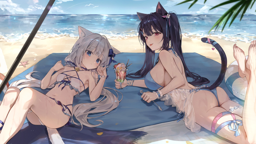 2girls, animal_ears, ass, bare_arms, bare_shoulders, barefoot, beach, beach_mat, bell, bikini, black_hair, blue_bikini, blue_choker, blue_eyes, blue_nails, breasts, cat_ears, cat_fantasy, cat_girl, cat_tail, character_request, check_character, choker, criss-cross_halter, day, ekina_(1217), food, from_behind, hair_spread_out, halterneck, hands_up, highres, jingle_bell, knees_up, large_breasts, legs_up, linn_(cat_fantasy), long_hair, looking_at_viewer, looking_back, low_twintails, lying, multiple_girls, nail_polish, navel, nekopara, ocean, on_back, on_stomach, outdoors, parfait, red_eyes, see-through_clothes, sideboob, small_breasts, smile, stomach, string_bikini, swimsuit, tail, tail_raised, the_pose, thigh_strap, thighs, tongue, tongue_out, twintails, vanilla_(nekopara), very_long_hair, water, white_bikini, white_hair, wrist_cuffs