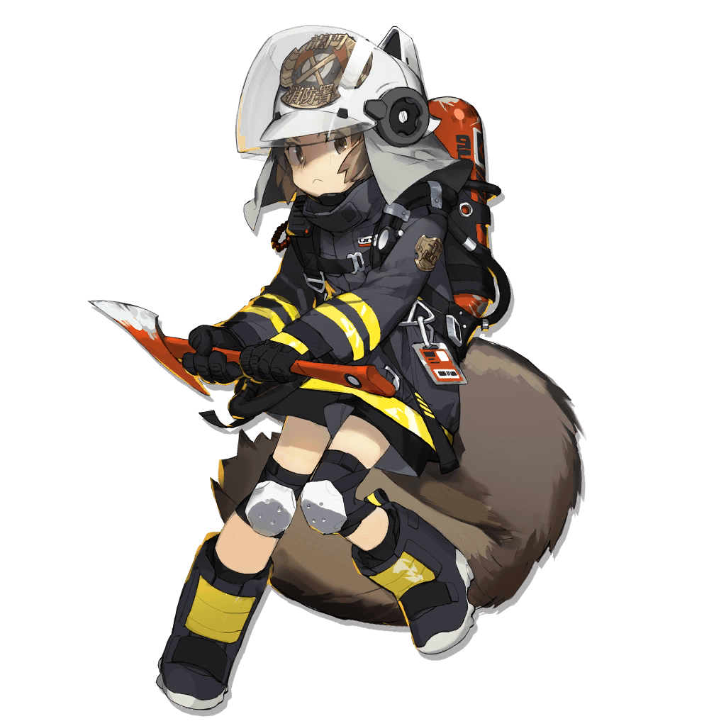 1girl, a_gui, animal_ear_helmet, animal_helmet, arknights, artist_name, axe, badge, belt, belt_buckle, black_background, black_boots, black_jacket, blurry, boots, brown_eyes, brown_hair, buckle, fire_axe, firefighter, firefighter_jacket, full_body, helmet, holding, jacket, knee_pads, medium_hair, official_art, open_mouth, pigeon-toed, shaw_(arknights), simple_background, solo, squirrel_tail, standing, strap, tail, third-party_source, transparent_background