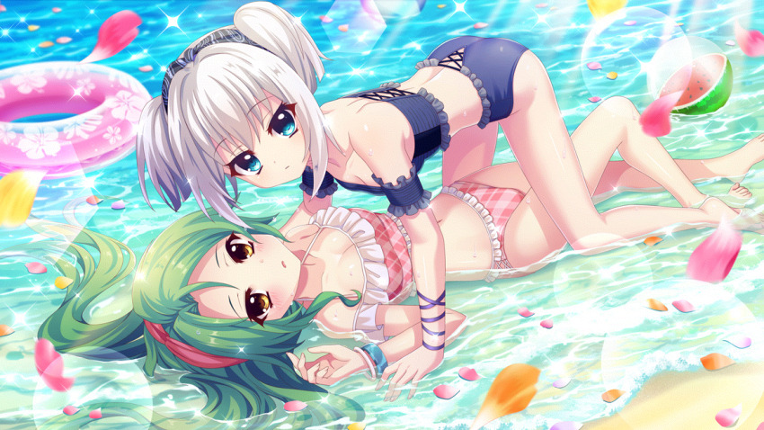 2girls, all_fours, alternate_hairstyle, arm_cuffs, ass, bare_shoulders, barefoot, beach