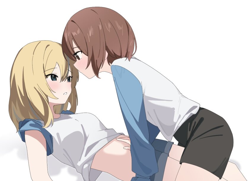 2girls, black_shorts, blonde_hair, blue_shorts, blush, breasts, brown_eyes, brown_hair