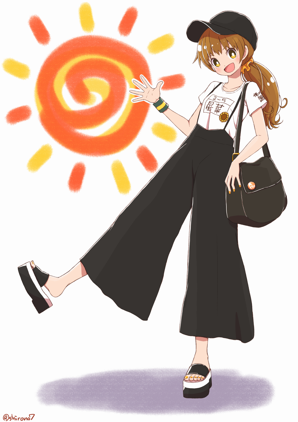 1girl, :d, alternate_costume, alternate_hairstyle, badge, bag, baseball_cap, black_bag, black_hat, black_pants, black_sandals, blush, breasts, bright_pupils, brown_hair, button_badge, casual, collarbone, commentary_request, culottes, fingernails, flower, full_body, gems_company, hair_ornament, hair_scrunchie, hand_up, hat, high-waist_pants, highres, hoshina_hinaka, leg_up, long_hair, looking_at_viewer, looking_to_the_side, low_ponytail, nail_polish, open_mouth, orange_nails, orange_scrunchie, pants, platform_sandals, ponytail, sandals, scrunchie, shadow, shirono, shirt, shirt_tucked_in, short_sleeves, shoulder_bag, simple_background, small_breasts, smile, solo, spread_fingers, standing, standing_on_one_leg, sun_symbol, sunflower, suspenders, turning_head, twitter_username, virtual_youtuber, waving, white_background, white_pupils, white_shirt, yellow_eyes