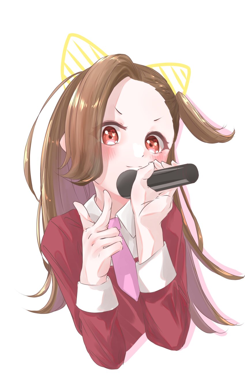 1girl, absurdres, animal_ears, asymmetrical_bangs, blush, brown_hair, closed_mouth, collared_shirt