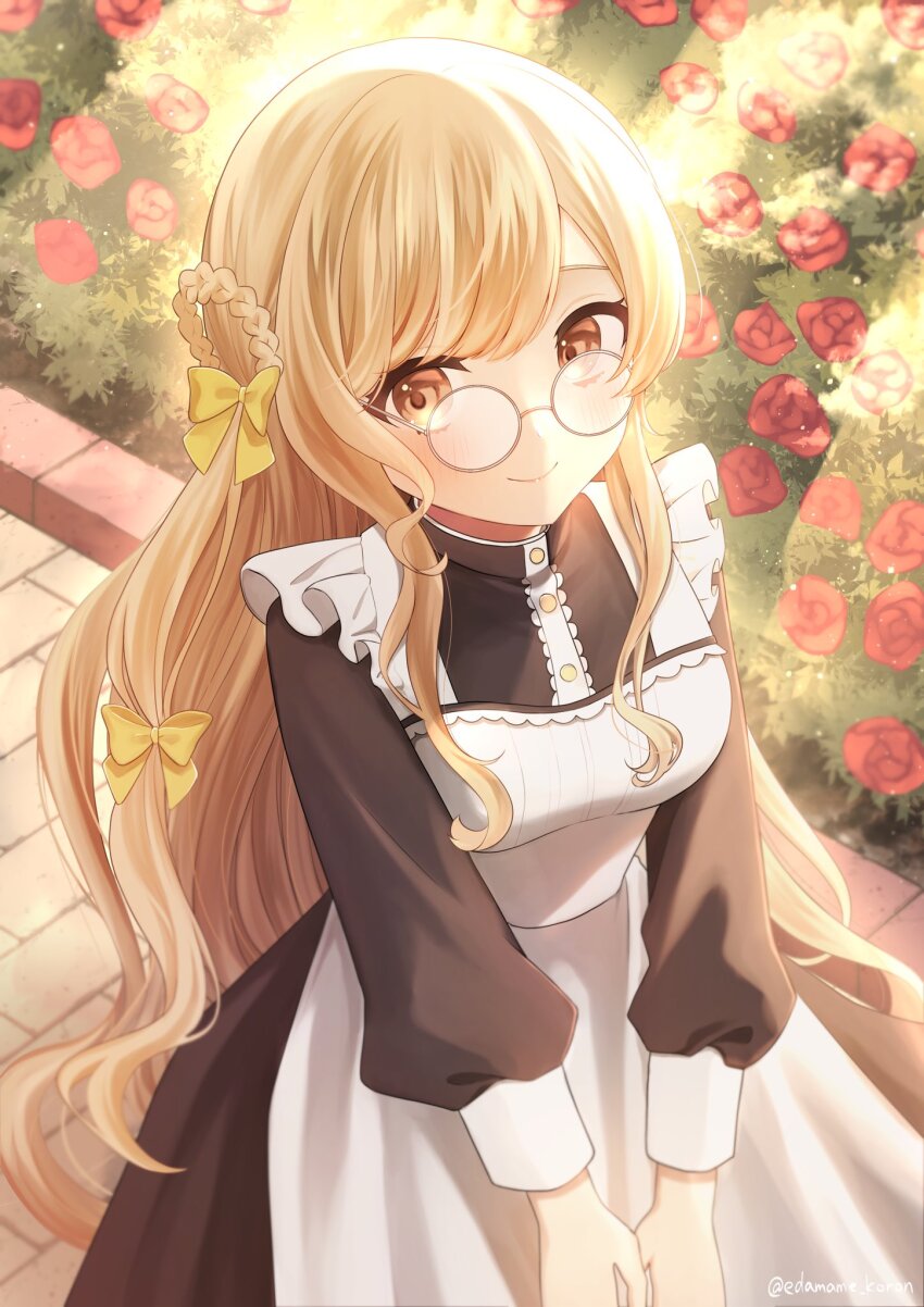 1girl, alternate_costume, apron, black_dress, blonde_hair, blush, bow, braid