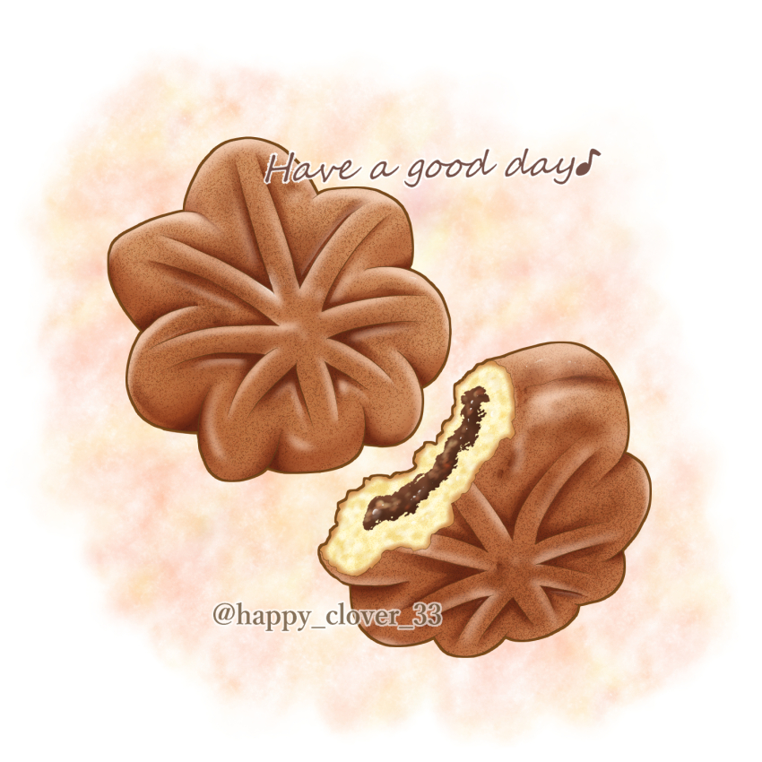 english_text, food, food_focus, happy_clover_3, highres, momiji_manjuu, musical_note, no_humans