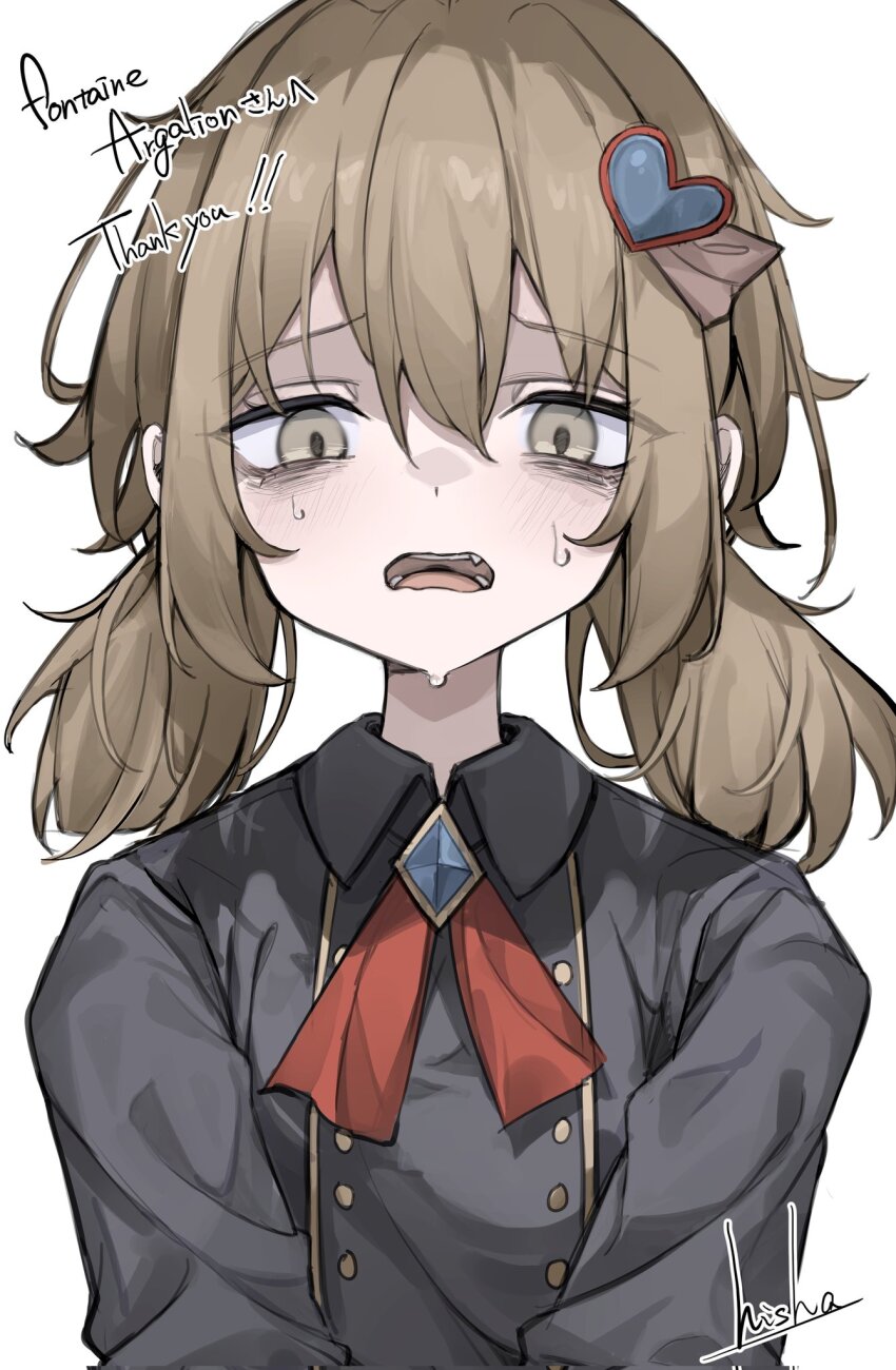 1girl, bags_under_eyes, blonde_hair, commission, commissioner_name, despair, dress, hair_ornament, hairclip, heart-shaped_ornament, highres, hisha_(kan_moko), lily_alicia_cornelius, open_mouth, ribbon, scared, second-party_source, signature, skeb_commission, solo, sweat, the_4_sigils_-_the_malice_of_winter, twintails, yellow_eyes