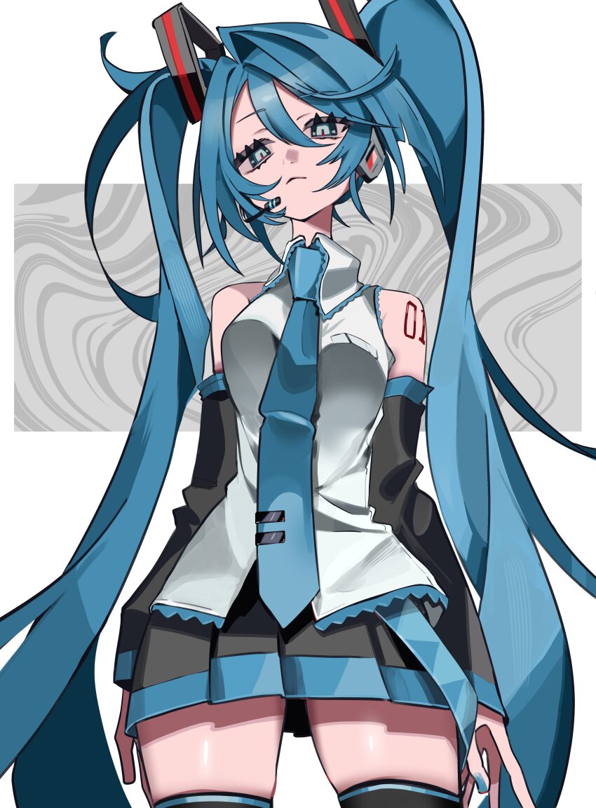1girl, absurdres, bare_shoulders, binary, black_skirt, black_sleeves, blue_eyes, blue_hair