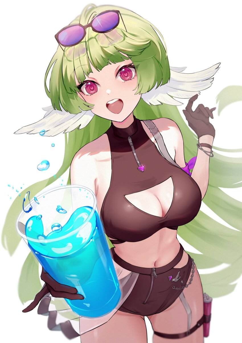 1girl, :d, aoi_tooru, arknights, blurry, breasts, brown_gloves, chain