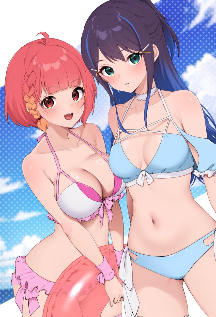 2girls, ahoge, bare_shoulders, bikini, bikini_skirt, blue_bikini, blue_hair, blue_sky, blush, braid, breasts, campbell_xx, choker, cleavage, cloud, cloudy_sky, collarbone, commentary_request, frilled_bikini, frills, gradient_hair, green_eyes, gundam, gundam_n-extreme, hair_between_eyes, half_updo, halterneck, highres, holding, holding_swim_ring, innertube, kano_clans, large_breasts, looking_at_viewer, medium_breasts, melina_marronfitz, multicolored_hair, multiple_girls, navel, open_mouth, orange_hair, pink_bikini, polka_dot, polka_dot_background, red_eyes, red_hair, single_braid, sky, smile, stomach, streaked_hair, swim_ring, swimsuit, thighs, white_choker