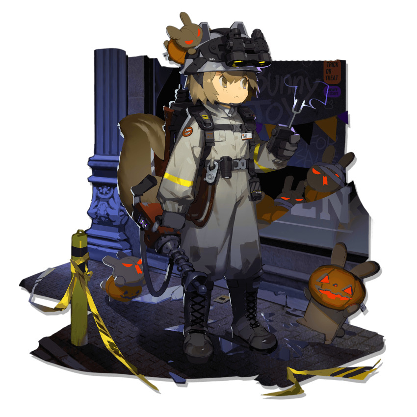 1girl, a_gui, animal_ear_helmet, animal_ears, animal_helmet, arknights, boots, brown_eyes, brown_hair, eyewear_on_head, firefighter_jacket, frown, full_body, gloves, grey_boots, grey_gloves, helmet, highres, id_card, jack-o'-lantern, jacket, lace-up_boots, long_sleeves, medium_hair, night_vision_device, official_alternate_costume, official_art, pants, pants_tucked_in, pumpkin_hat, shaw_(arknights), shaw_(cleansweeper_in_the_castle)_(arknights), sky, solo, squirrel, squirrel_ears, squirrel_tail, tail, transparent_background, vest