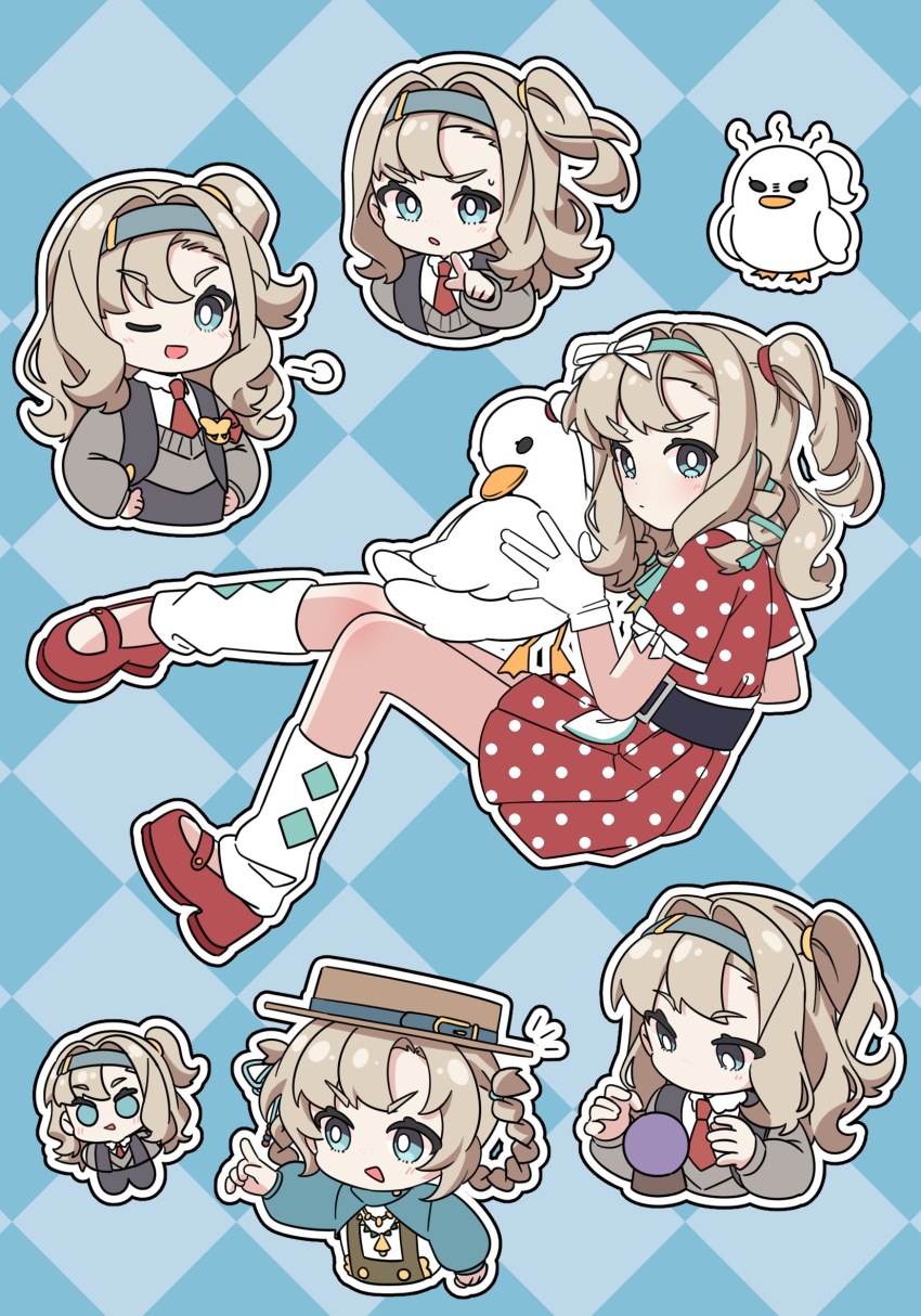 1girl, :d, :o, ;d, animal, animal_hug, animalization, argyle_background