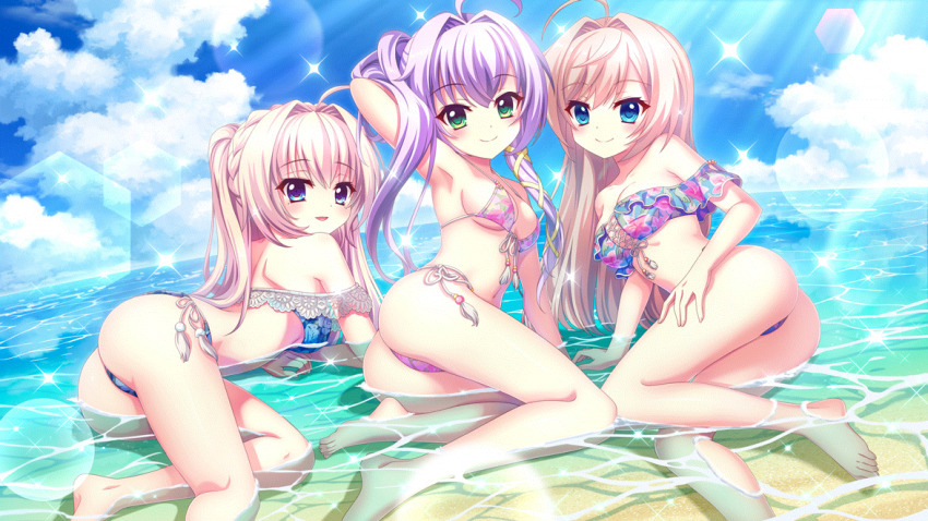 3girls, ahoge, alternate_hairstyle, arm_behind_head, arm_support, armpits, ass, bare_shoulders, barefoot, beach, bikini, blonde_hair, blue_bikini, blue_eyes, blue_sky, blush, braid, breasts, cleavage, closed_mouth, cloud, crown_braid, day, dot_nose, dutch_angle, film_grain, floral_print, front-tie_bikini_top, front-tie_top, game_cg, green_eyes, hair_down, hair_intakes, hair_ribbon, hand_on_own_thigh, himura_nagisa, hokaze_kanade, horizon, izumi_tsubasu, lens_flare, long_hair, looking_at_viewer, lying, medium_breasts, mole, mole_under_each_eye, mole_under_eye, multiple_girls, multiple_moles, navel, non-circular_lens_flare, non-web_source, ocean, off-shoulder_bikini, off_shoulder, official_art, on_ground, on_stomach, open_mouth, outdoors, partially_submerged, pink_bikini, pink_hair, print_bikini, purple_hair, re:stage!, ribbon, self-datamine, shiratori_amaha_(re:stage!), shoulder_blades, side-tie_bikini_bottom, sideboob, sky, smile, sparkle, string_bikini, sunlight, swept_bangs, swimsuit, underboob, yellow_ribbon