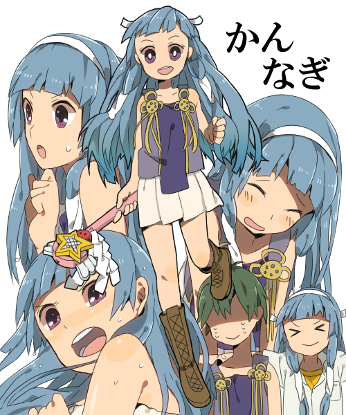 >_<, 1boy, 1girl, blue_hair, blush, boots, crossdressing, multiple_expressions, closed_eyes, kangokun, kannagi, long_hair, mikuriya_jin, miniskirt, nagi, open_mouth, pleated_skirt, purple_eyes, skirt, smile, sweat, wand, white_skirt